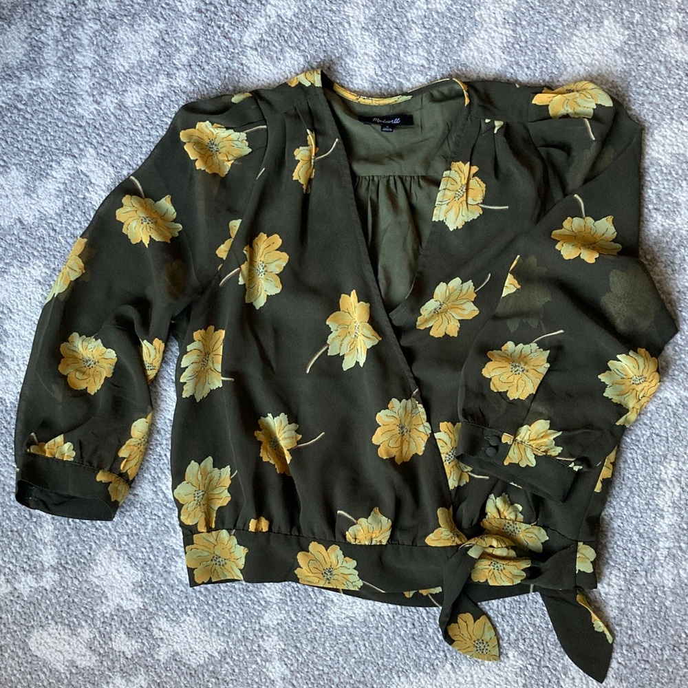 Madewell silky green Floral Wrap Blouse top